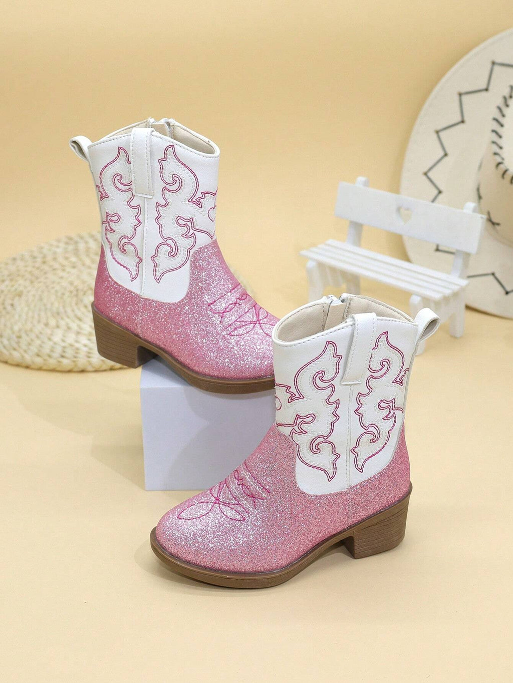 Bottes de cowboy à fermeture éclair latérale brodées, 1 paire - Rose