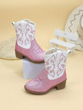 Bottes de cowboy à fermeture éclair latérale brodées, 1 paire - Rose