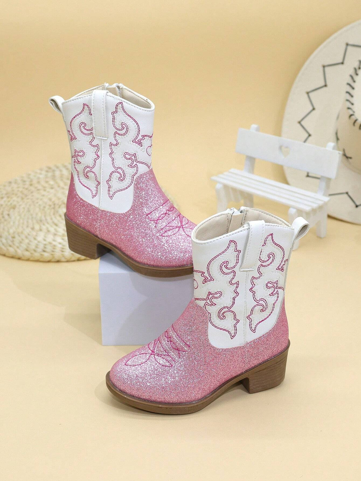 Embroidered Side Zip Cowboy Boots 1 Pair - Pink