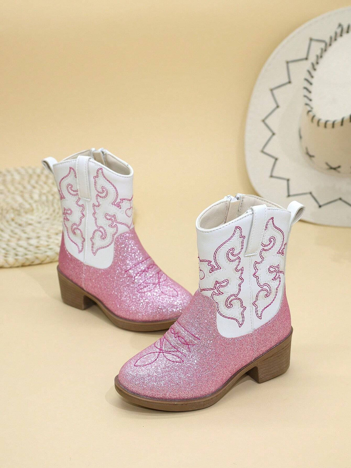 Embroidered Side Zip Cowboy Boots 1 Pair - Pink