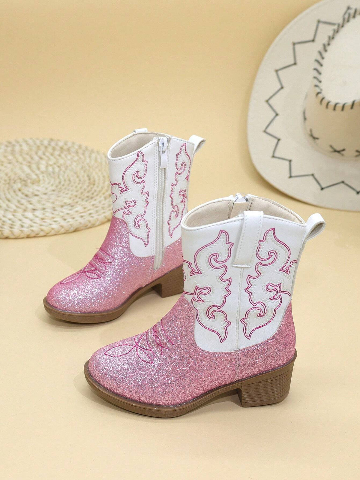 Embroidered Side Zip Cowboy Boots 1 Pair - Pink