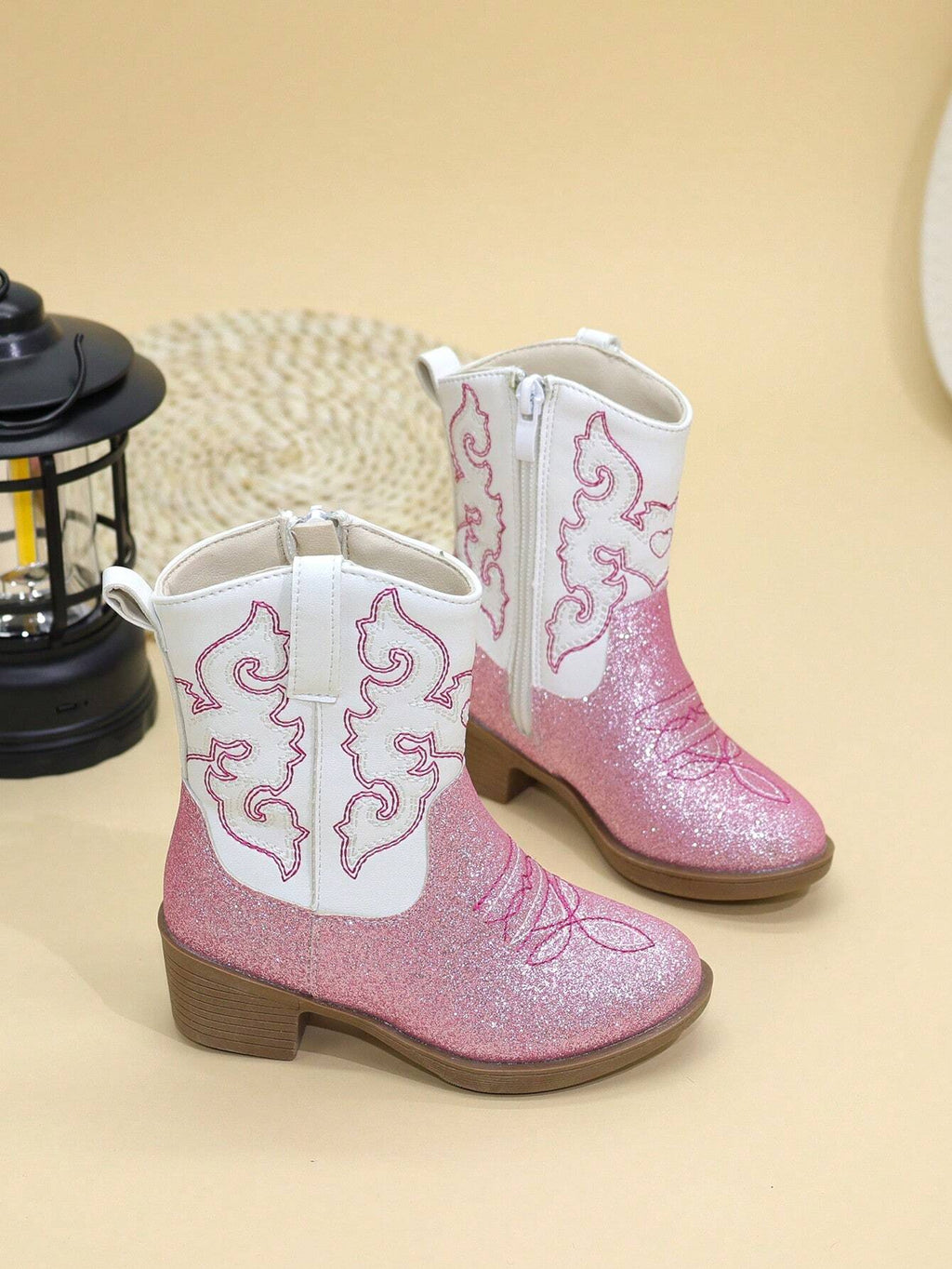 Bottes de cowboy à fermeture éclair latérale brodées, 1 paire - Rose
