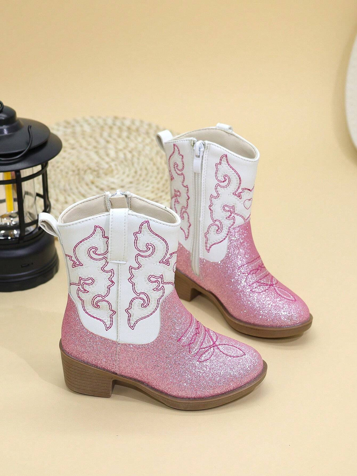 Bottes de cowboy à fermeture éclair latérale brodées, 1 paire - Rose