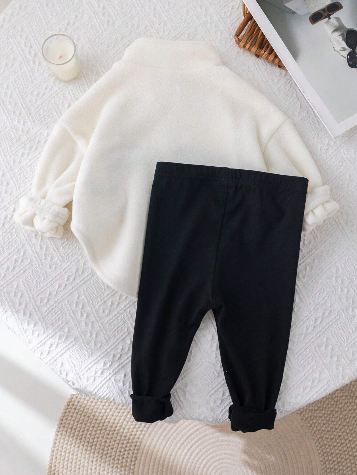 Young Girl Letter Print Stand Collar Fluffy Top Pants 2 Piece Set