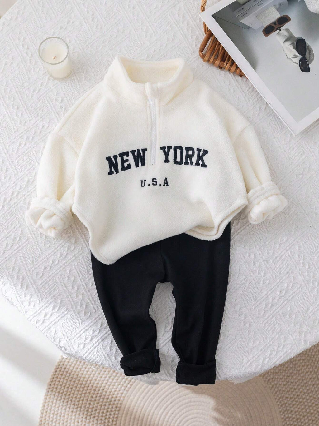 Young Girl Letter Print Stand Collar Fluffy Top Pants 2 Piece Set