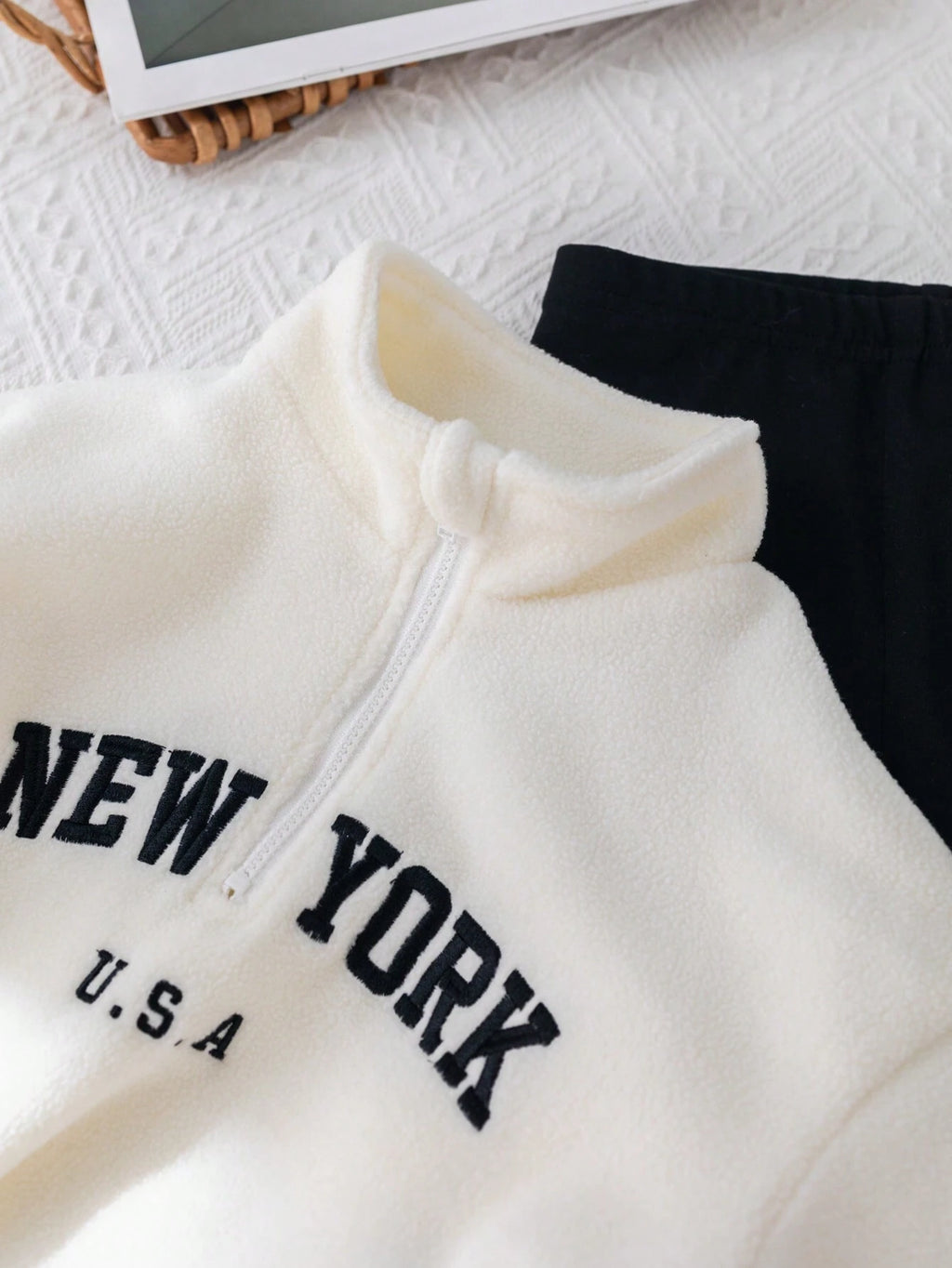 Young Girl Letter Print Stand Collar Fluffy Top Pants 2 Piece Set