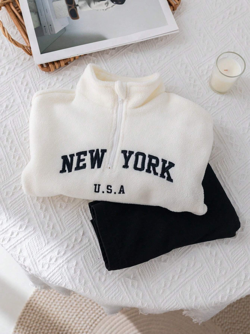 Young Girl Letter Print Stand Collar Fluffy Top Pants 2 Piece Set