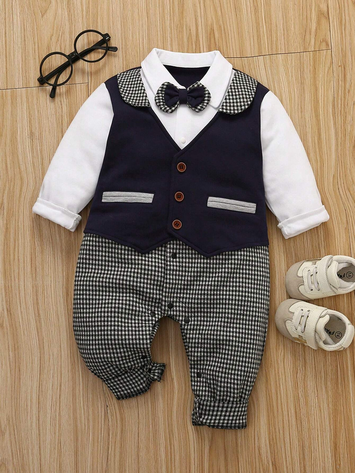 Baby Boy Royal Blue Bow Tie Long-Sleeve Romper