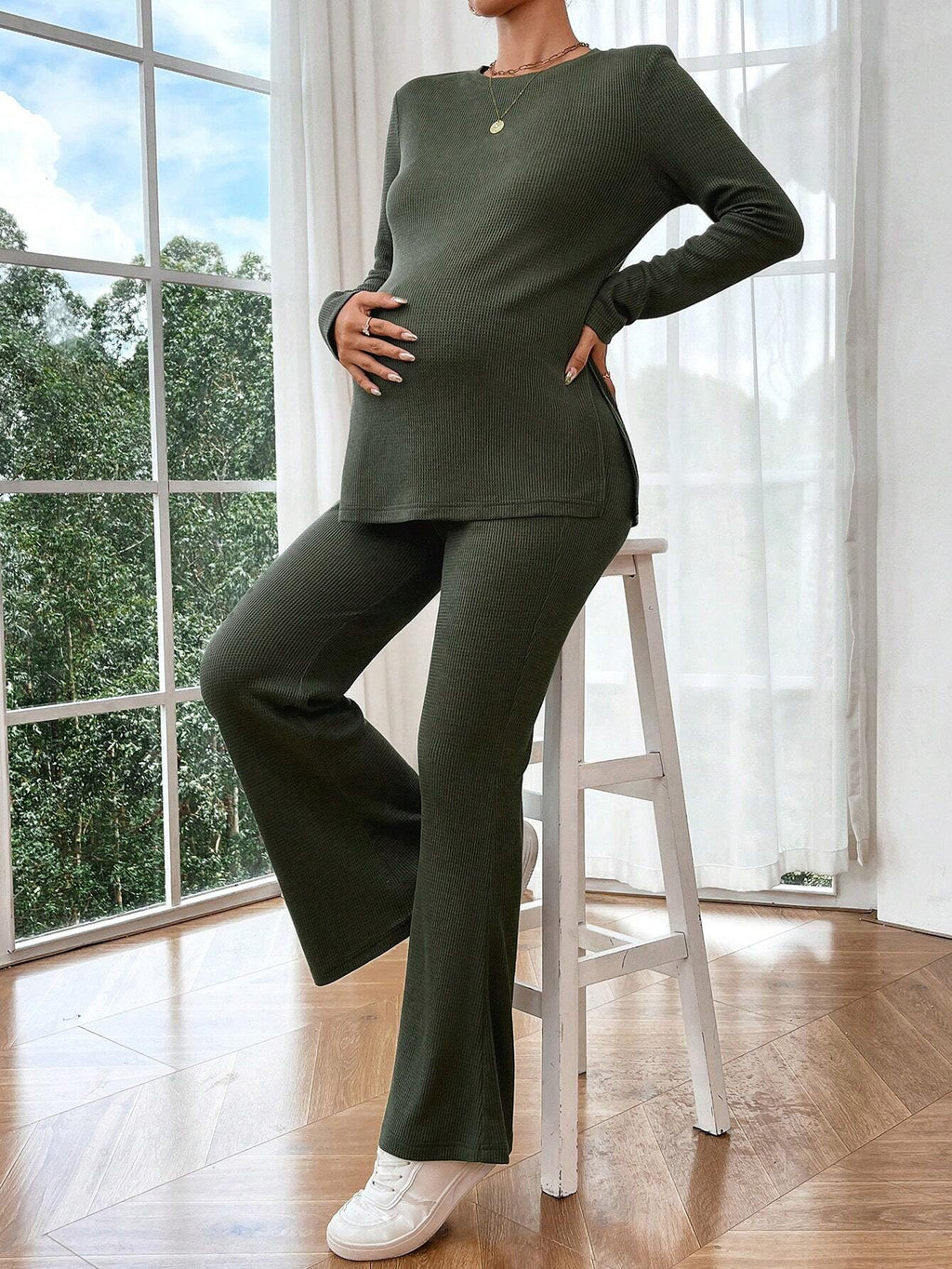 Maternity Slit Long Sleeve Top & Pants Set Dark Green