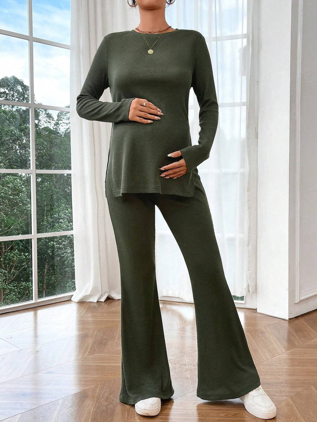 Maternity Slit Long Sleeve Top & Pants Set Dark Green