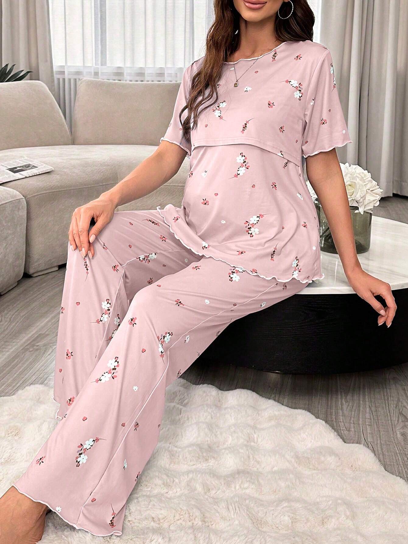 Moonlight&Mama Maternity Floral Short-Sleeve Nursing Pajama Set Multicolor