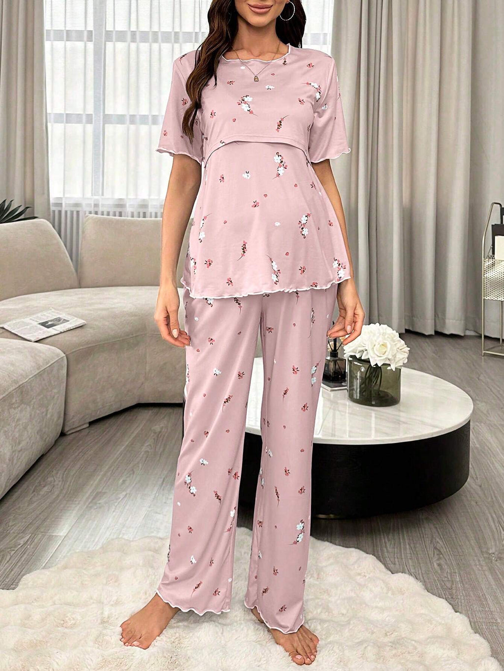 Moonlight&Mama Maternity Floral Short-Sleeve Nursing Pajama Set Multicolor