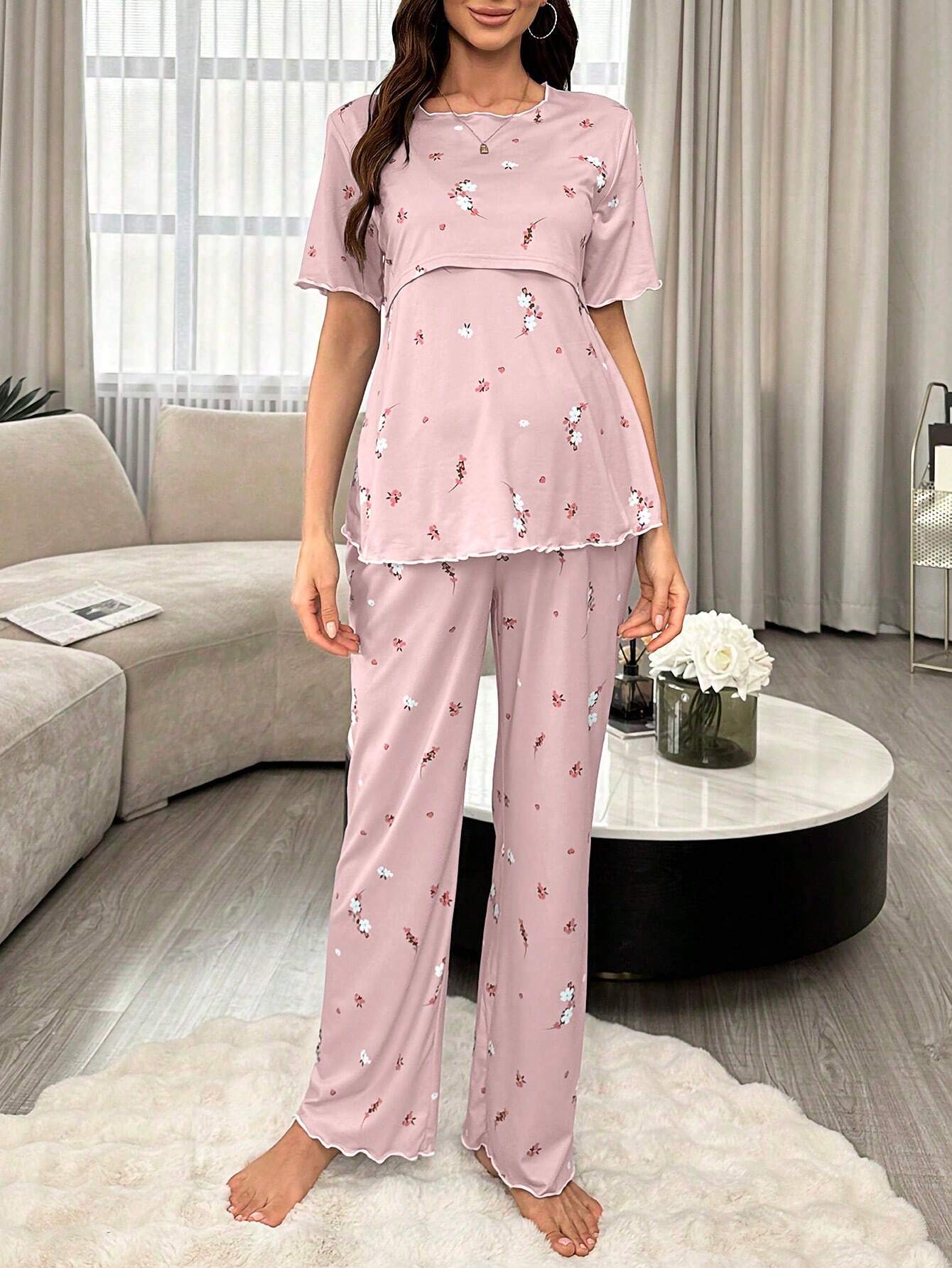 Moonlight&Mama Maternity Floral Short-Sleeve Nursing Pajama Set Multicolor