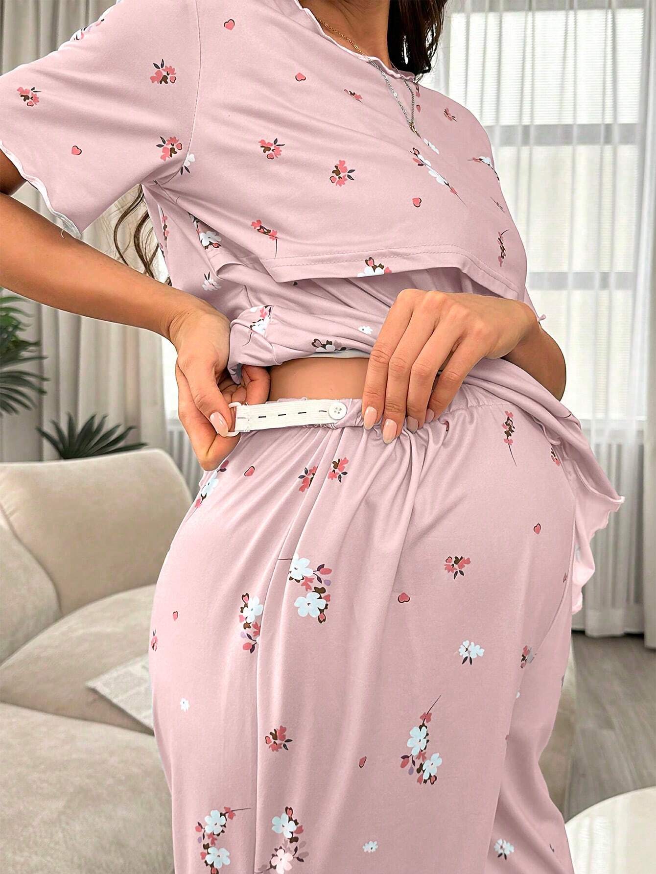 Moonlight&Mama Maternity Floral Short-Sleeve Nursing Pajama Set Multicolor