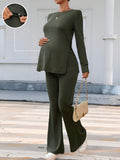 Maternity Slit Long Sleeve Top & Pants Set Dark Green