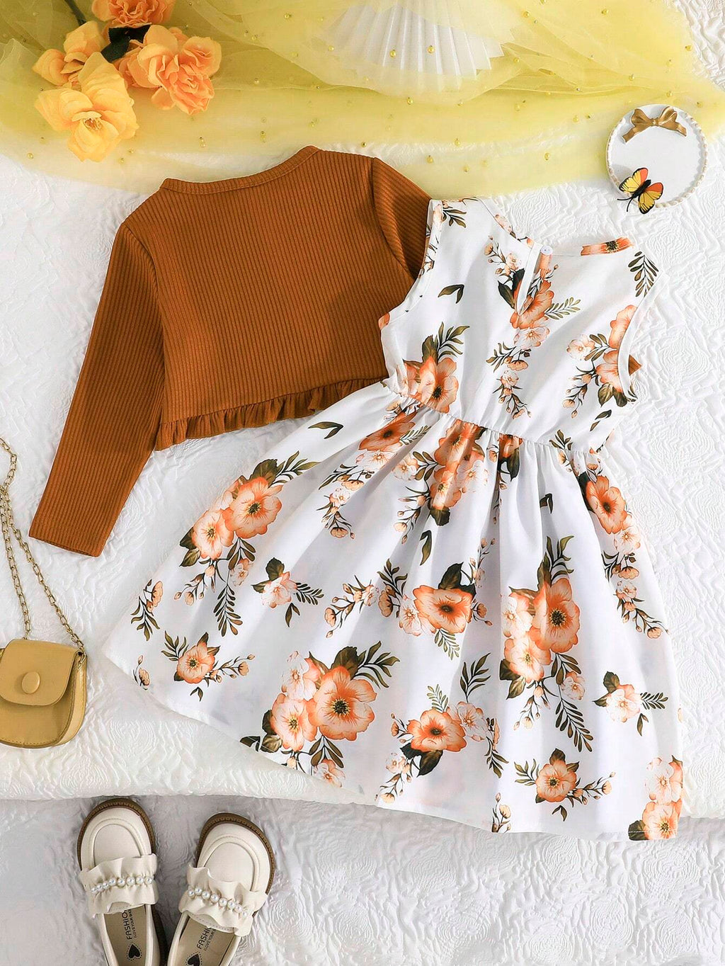 Girls' Ruffled Jacket & Floral Dress Set