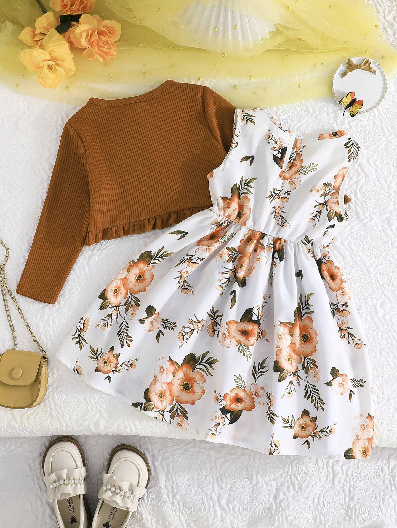 Girls' Ruffled Jacket & Floral Dress Set