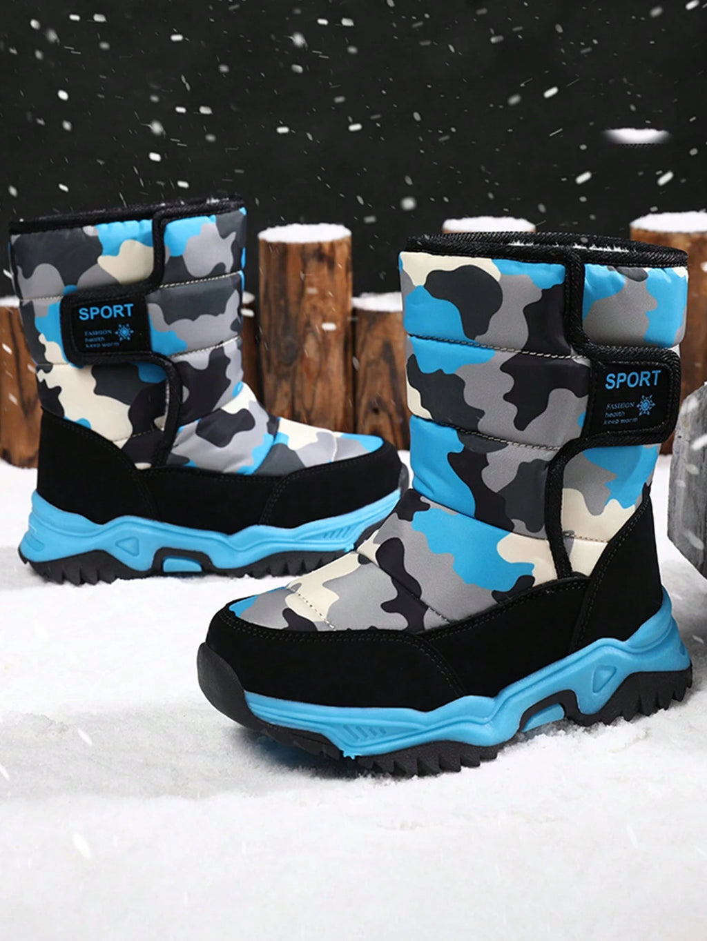 Bottes de neige bleues chaudes, confortables et doublées pour enfants - Montantes d'hiver