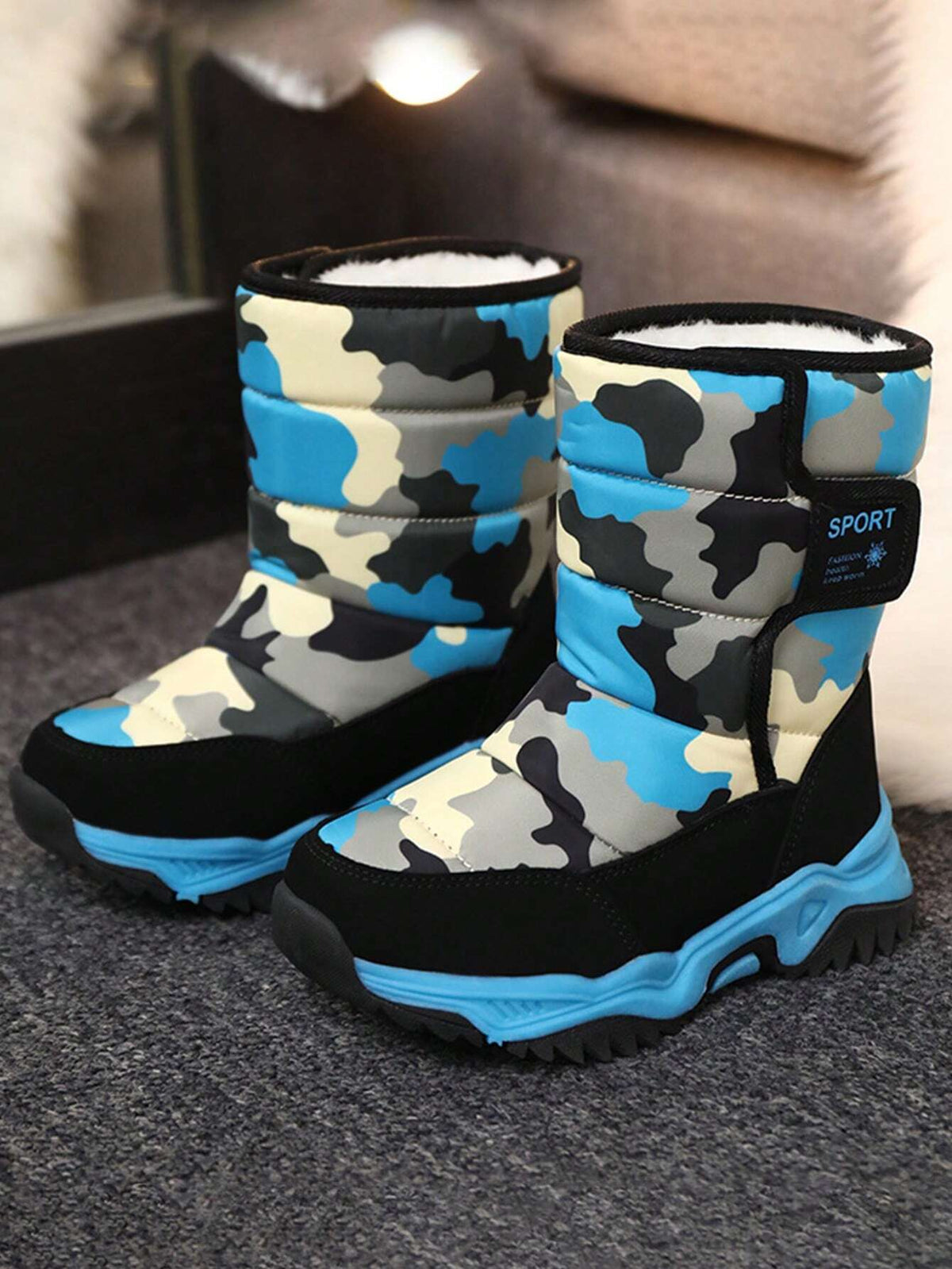 Bottes de neige bleues chaudes, confortables et doublées pour enfants - Montantes d'hiver
