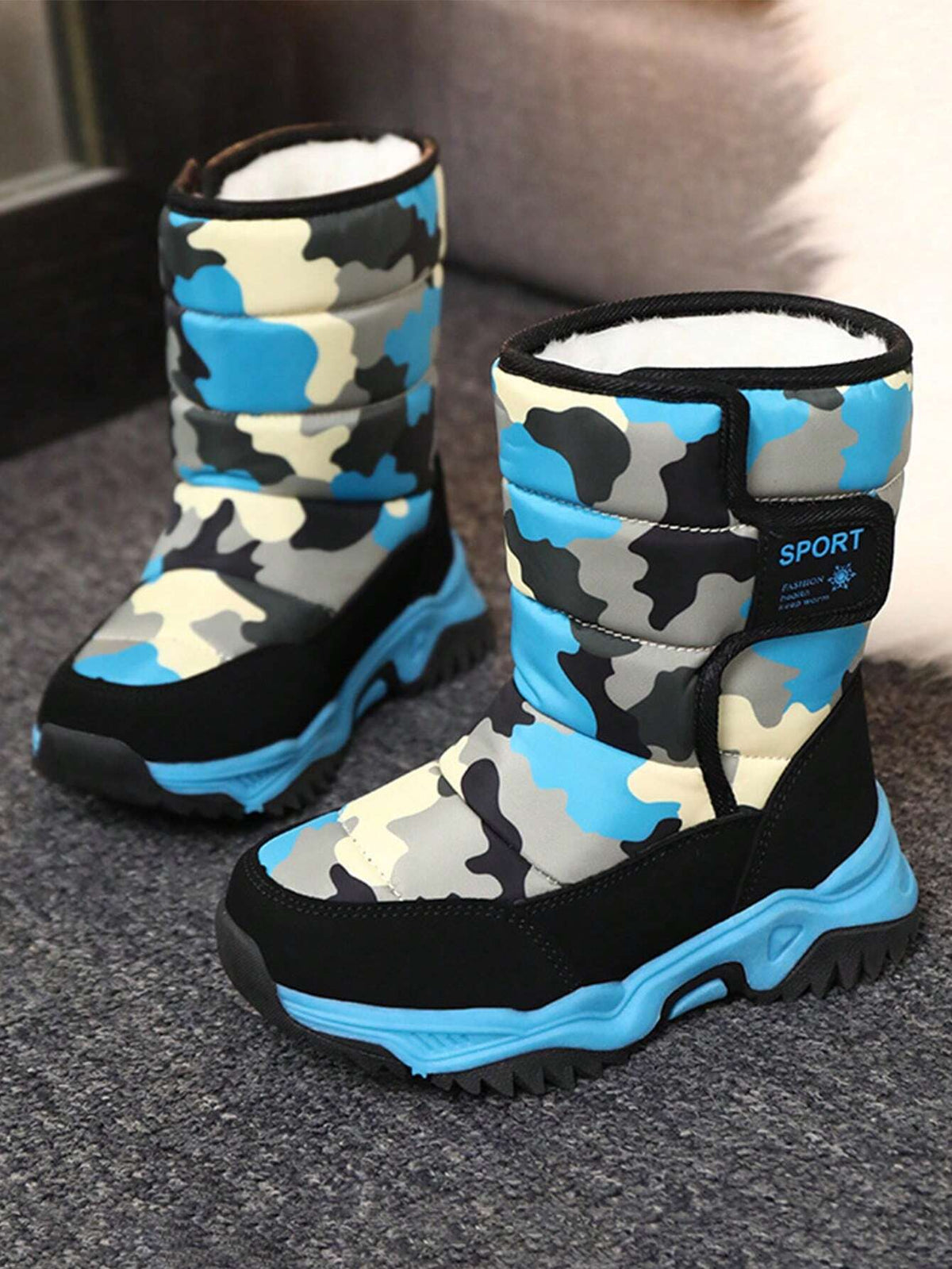 Bottes de neige bleues chaudes, confortables et doublées pour enfants - Montantes d'hiver