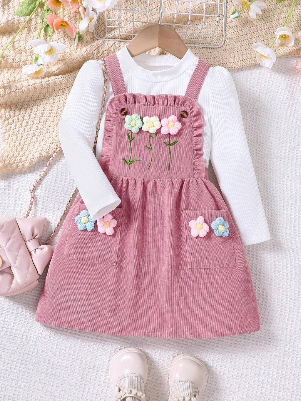 Girls' Knit Top & Corduroy Pinafore Set
