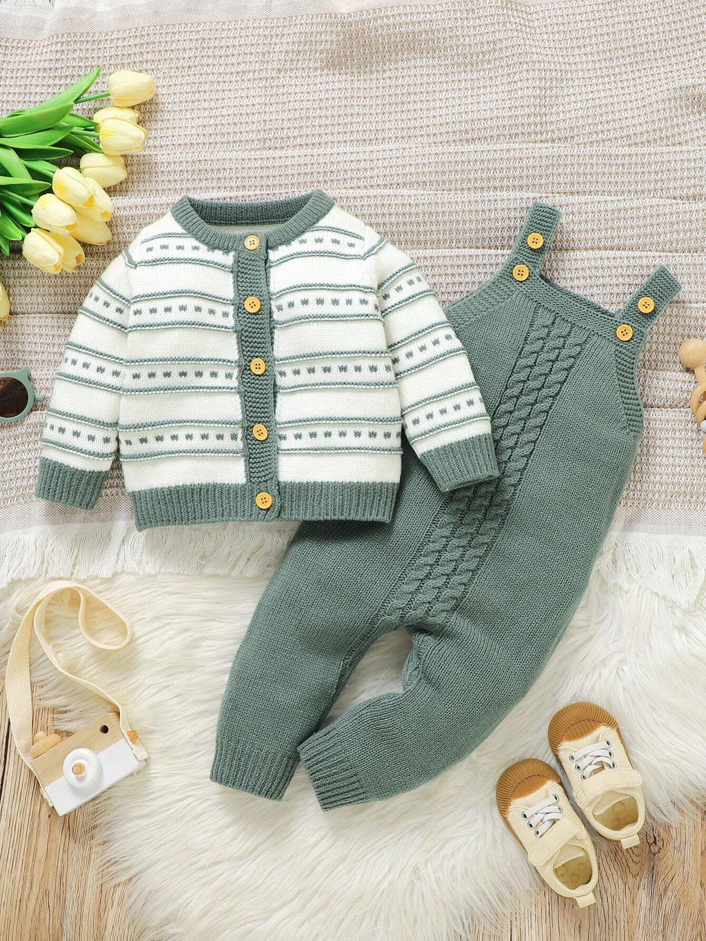 Vintaside Baby Boy Green Striped Cardigan Overalls Set Green