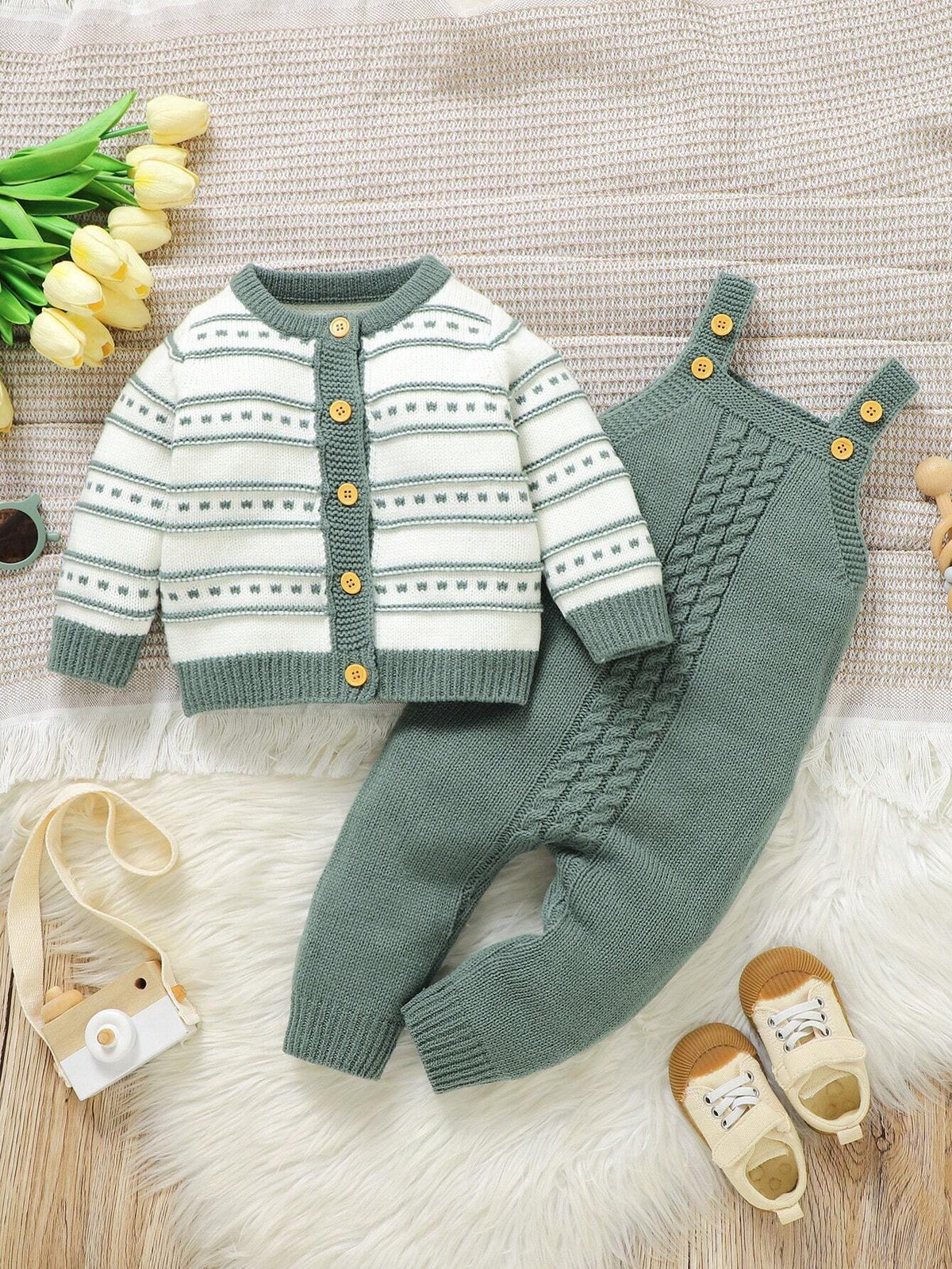 Vintaside Baby Boy Green Striped Cardigan Overalls Set Green