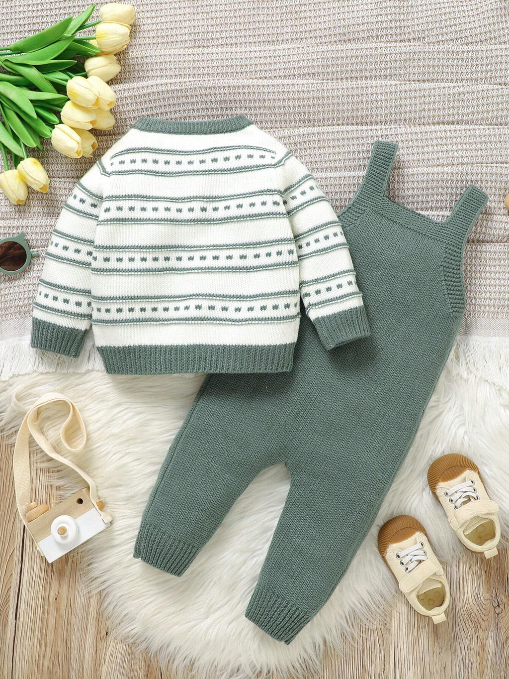 Vintaside Baby Boy Green Striped Cardigan Overalls Set Green