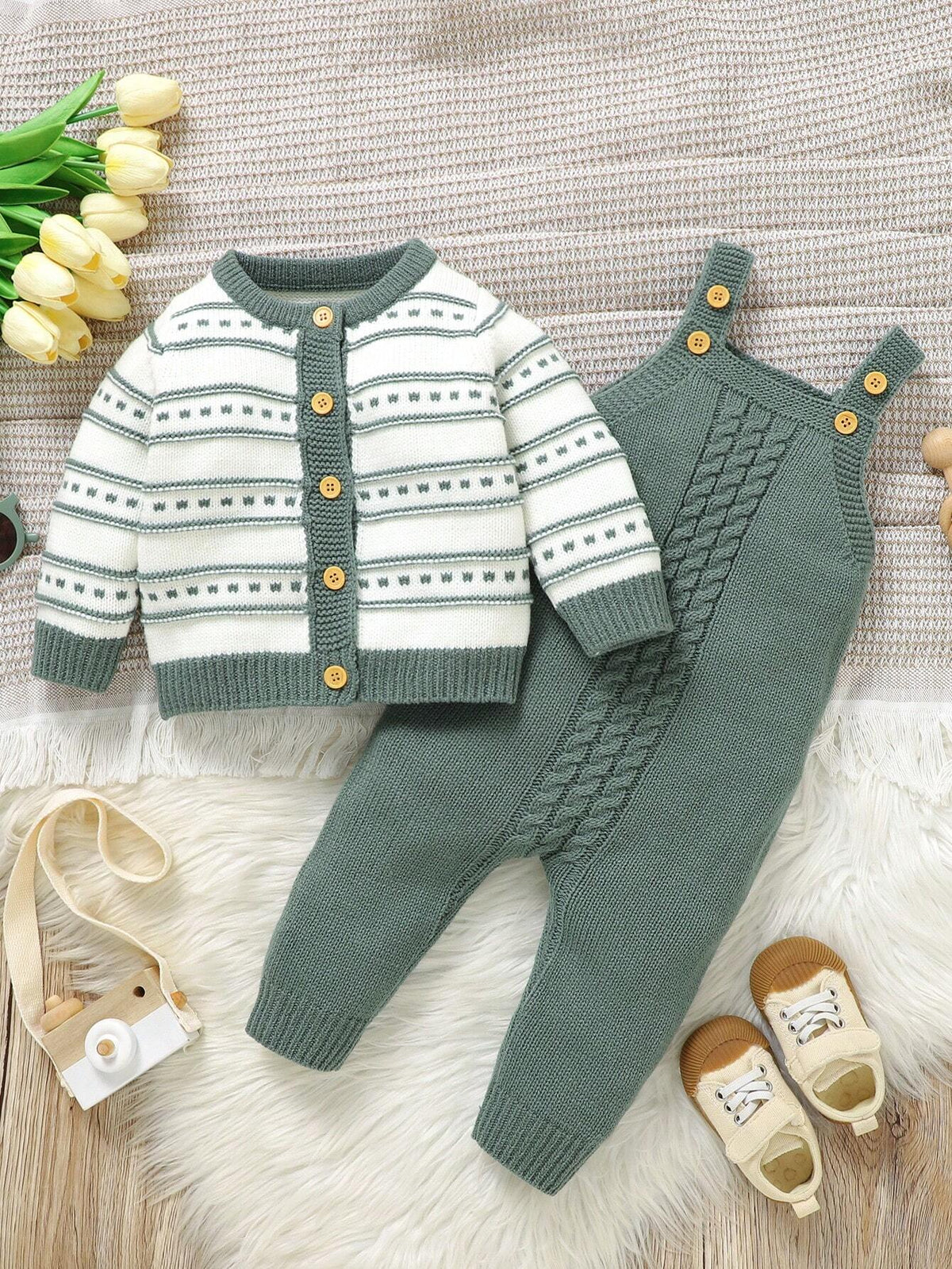 Vintaside Baby Boy Green Striped Cardigan Overalls Set Green