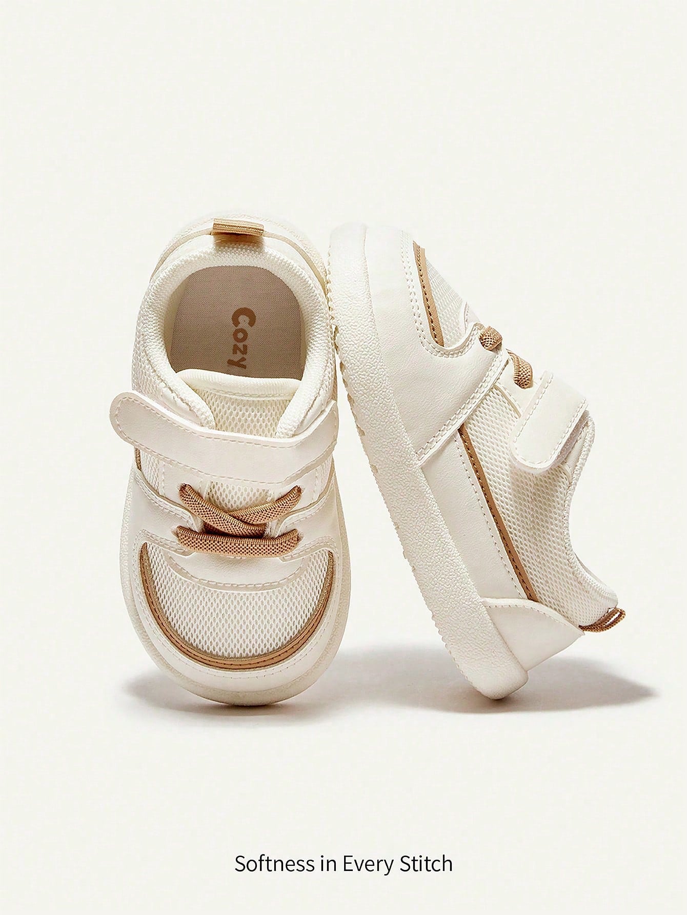 Cozy Pixies Kids' Breathable White & Khaki Mesh Flat Shoes for Daily Wear & Sports