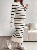 Maternity Striped Print Casual Long Sleeve Sweater Dress, Khaki