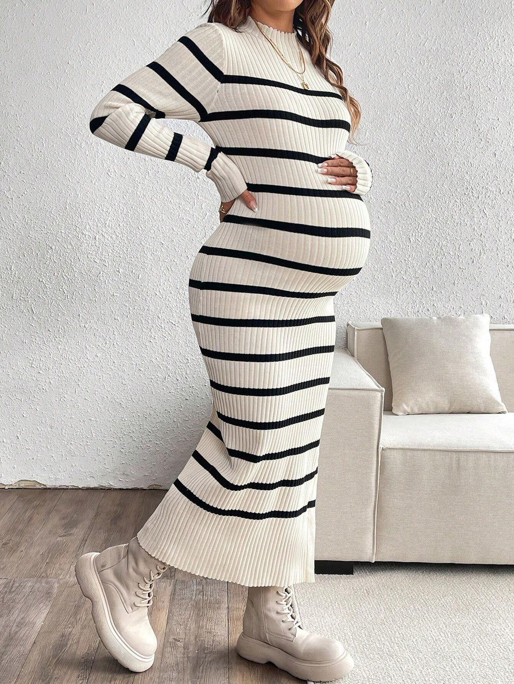 Maternity Striped Print Casual Long Sleeve Sweater Dress, Khaki