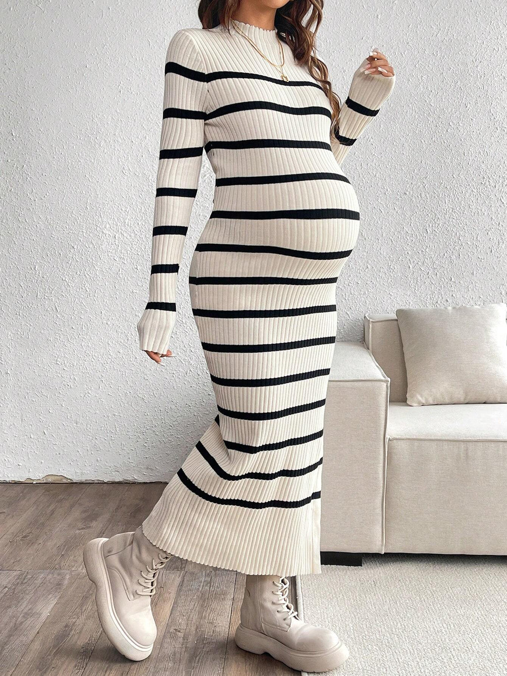 Maternity Striped Print Casual Long Sleeve Sweater Dress, Khaki