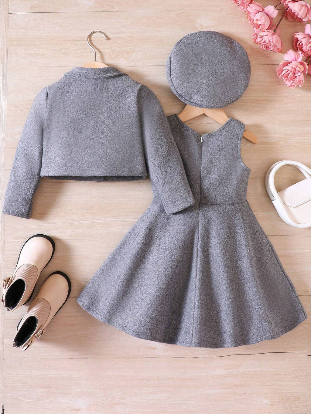 Young Girl Short Jacket Jumper Dress Bow Beret 3 Piece Set