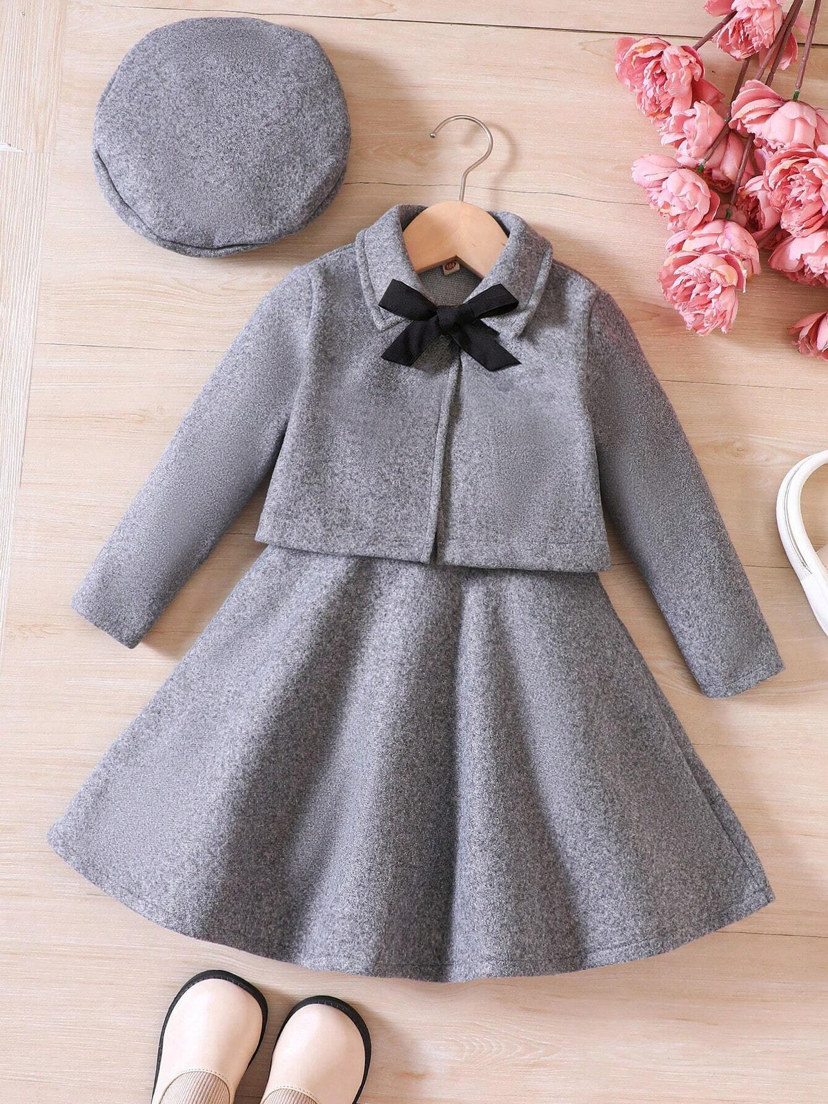 Young Girl Short Jacket Jumper Dress Bow Beret 3 Piece Set