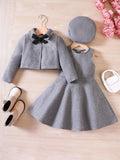 Young Girl Short Jacket Jumper Dress Bow Beret 3 Piece Set