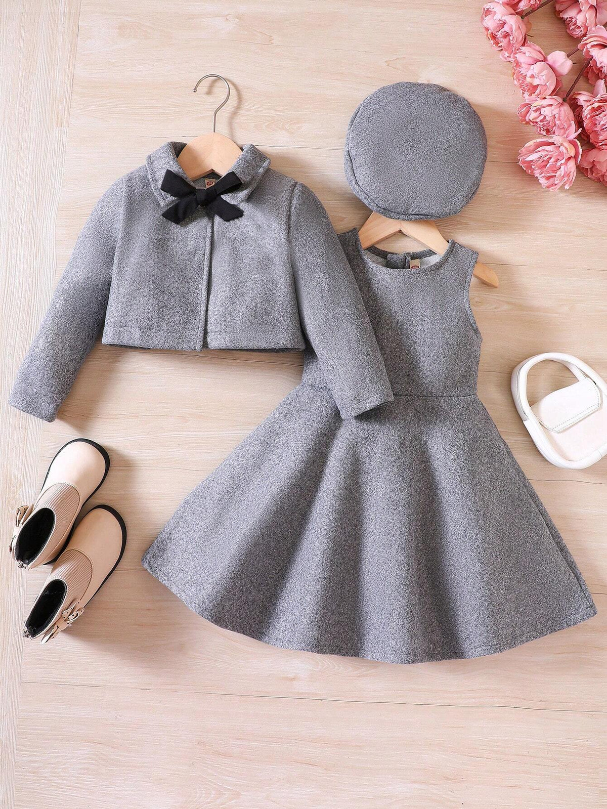 Young Girl Short Jacket Jumper Dress Bow Beret 3 Piece Set