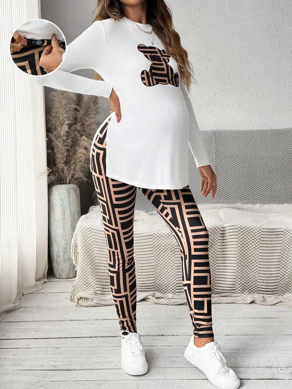 Maternity Multicolor Bear-Print Side-Slit Top And Leggings Set