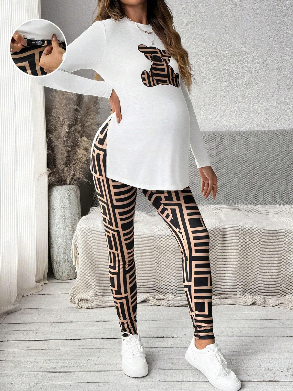 Maternity Multicolor Bear-Print Side-Slit Top And Leggings Set