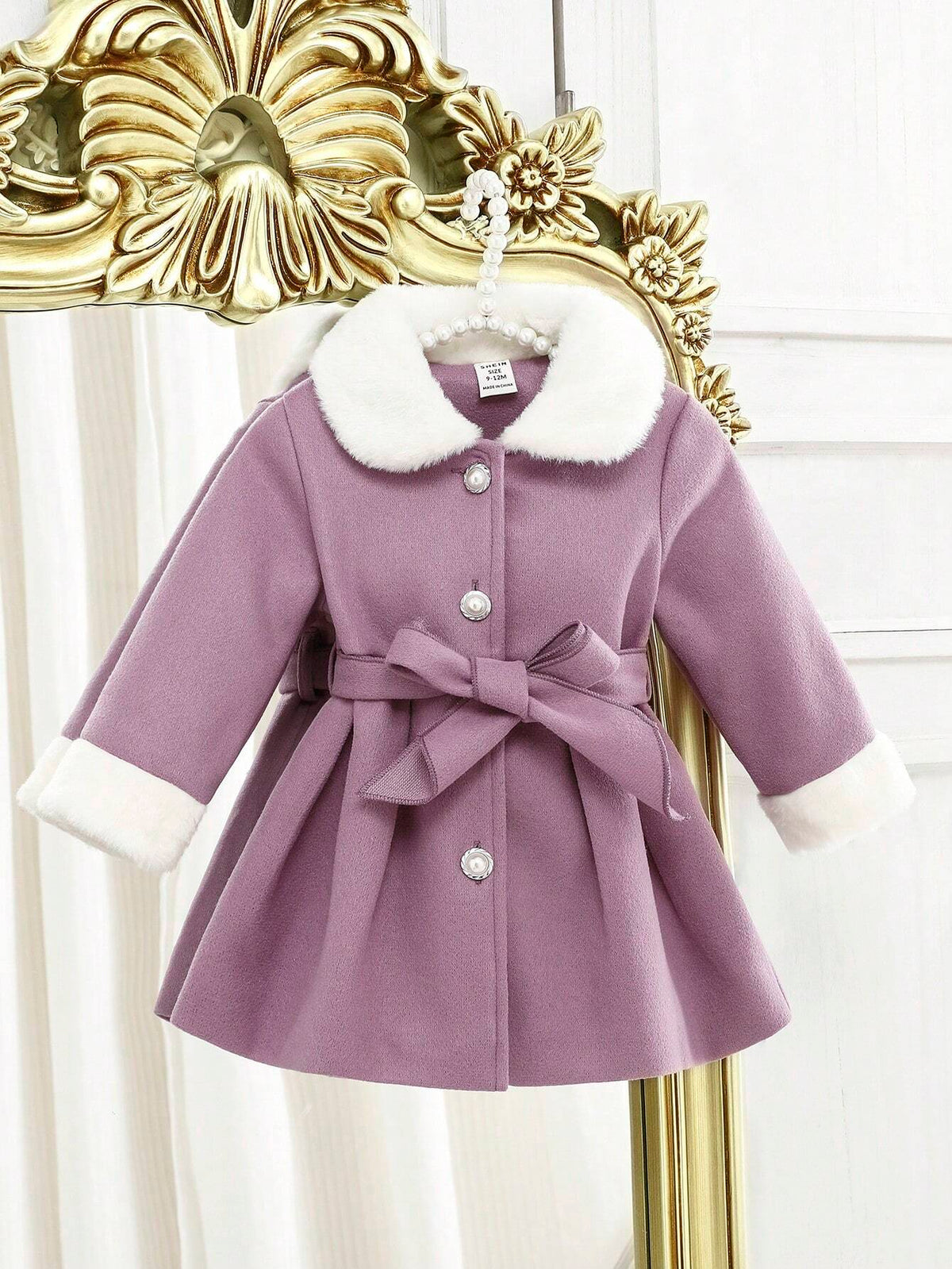 Baby Girl Wool Blend Faux Fur Collar Bow Coat