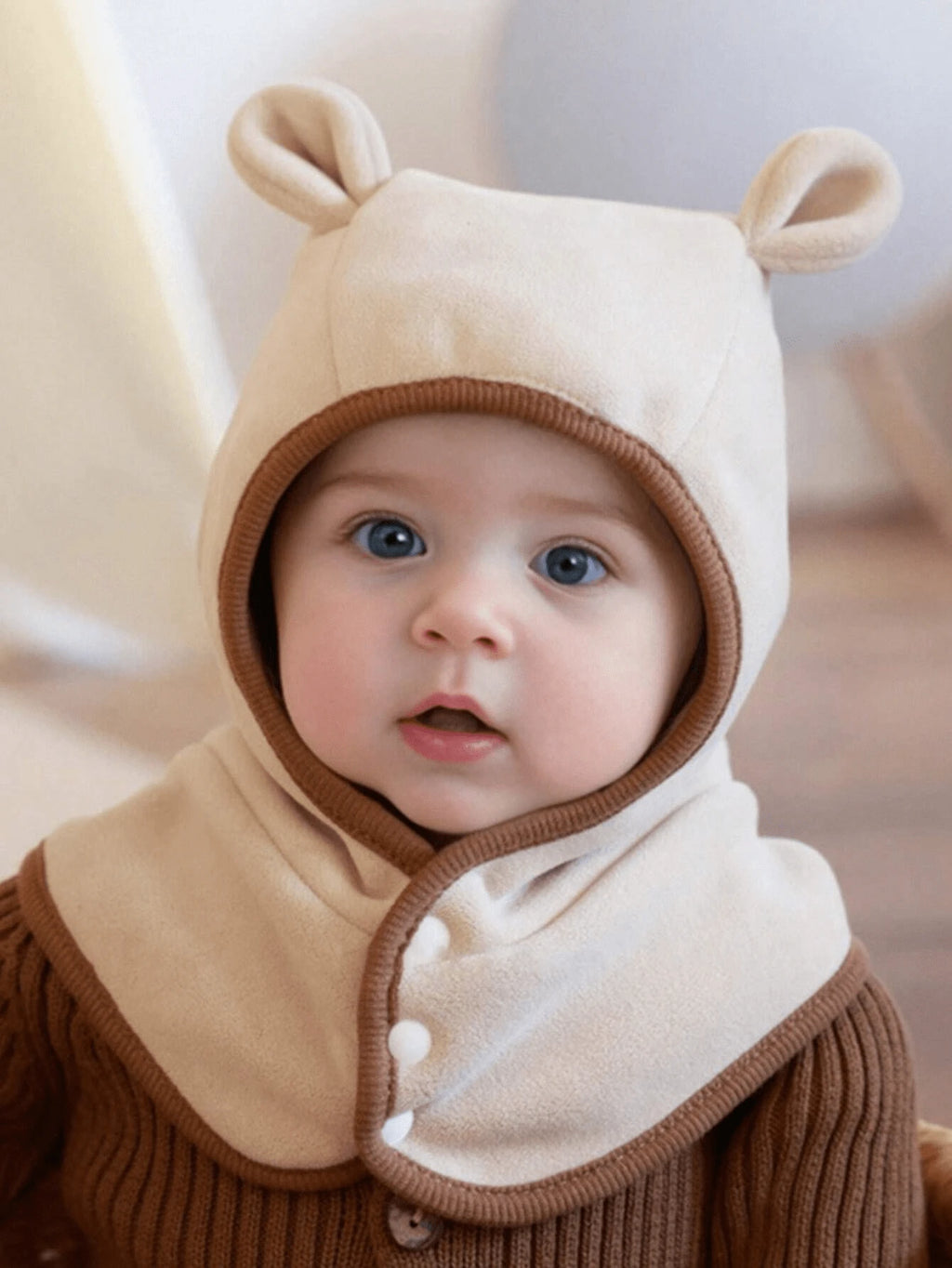Baby Bear Ear Hooded Fleece Scarf Hat Brown