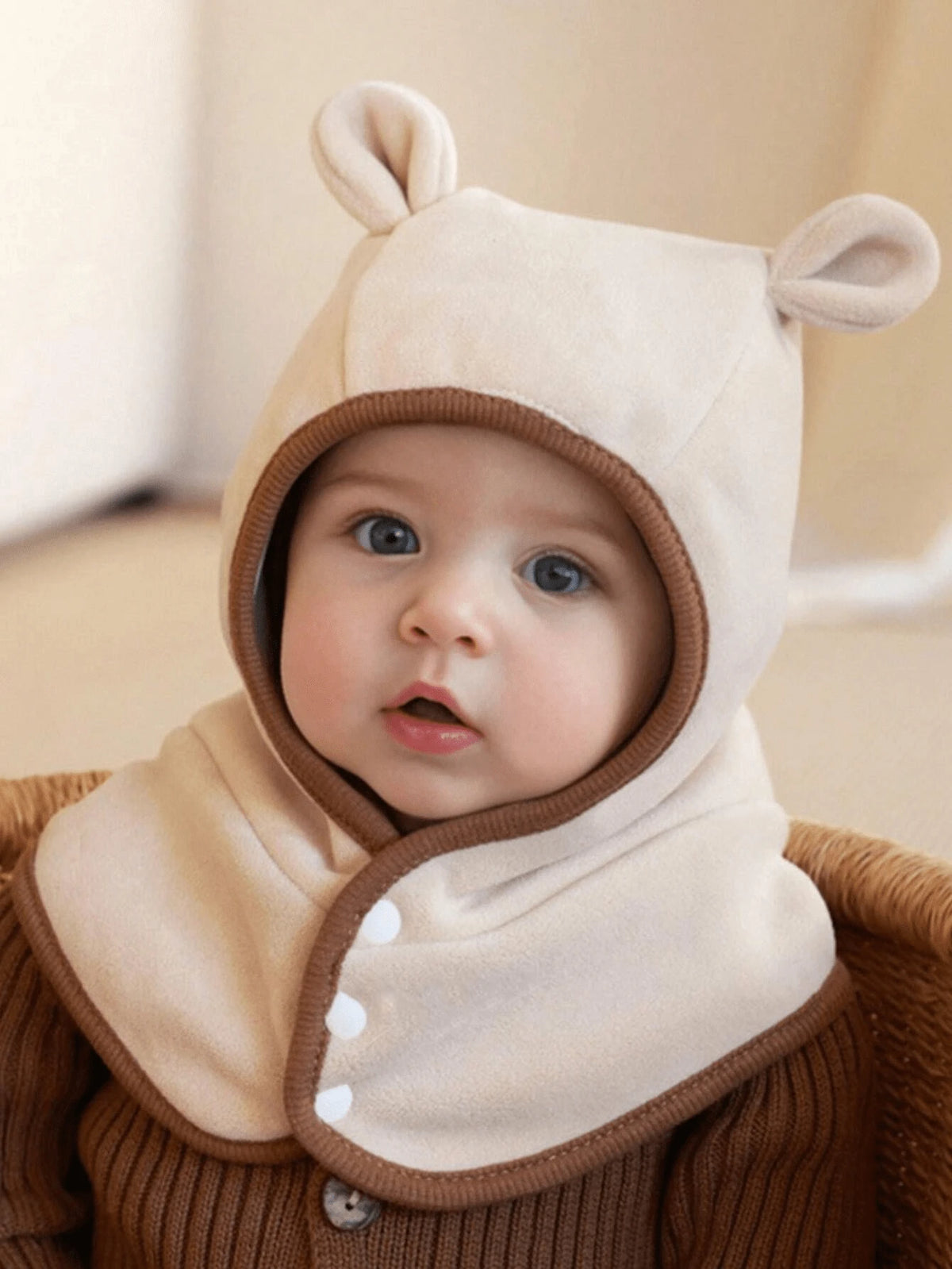 Baby Bear Ear Hooded Fleece Scarf Hat Brown