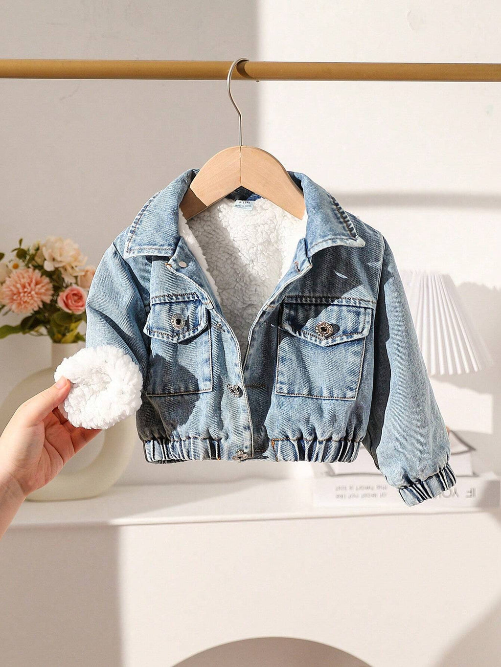 Playful Pals Baby Girl Flap Pocket Teddy Lined Denim Jacket Blue
