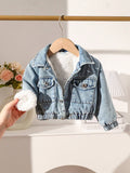 Playful Pals Baby Girl Flap Pocket Teddy Lined Denim Jacket Blue