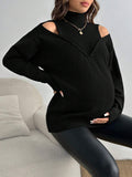 Maternity Black Hollow-Out Stand-Collar Long-Sleeve Sweater