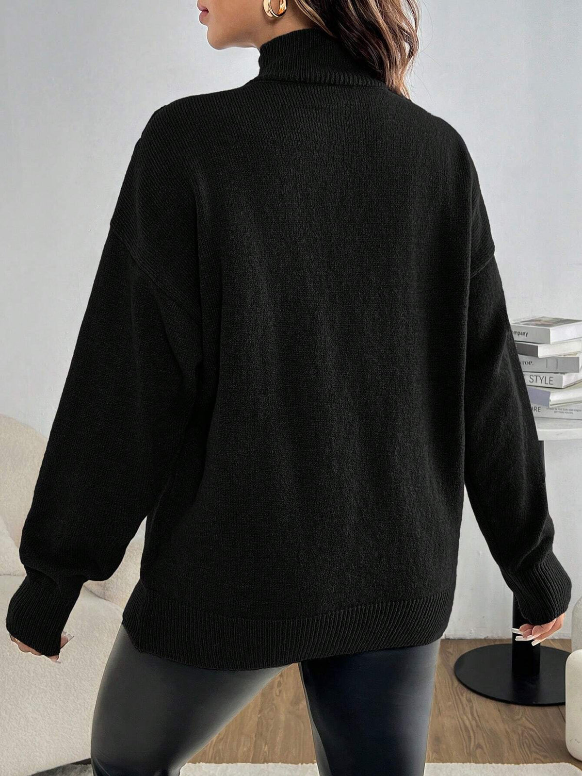 Maternity Black Hollow-Out Stand-Collar Long-Sleeve Sweater