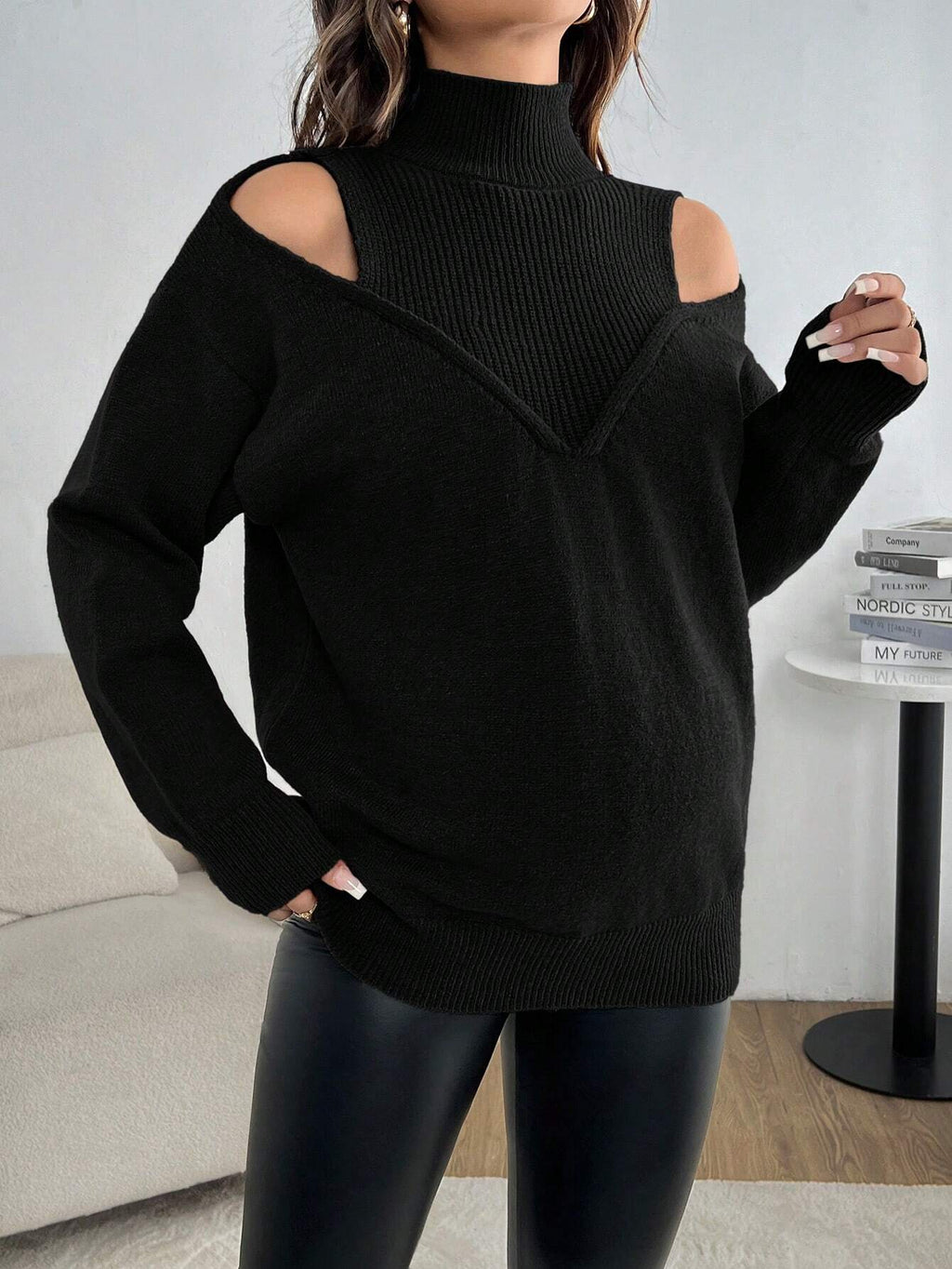 Maternity Black Hollow-Out Stand-Collar Long-Sleeve Sweater