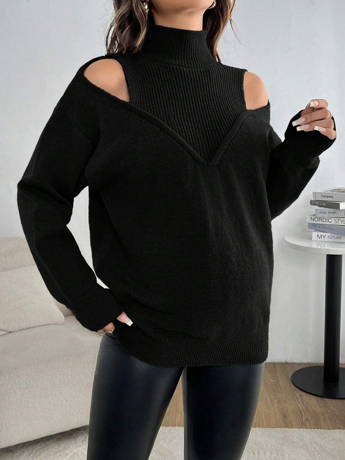 Maternity Black Hollow-Out Stand-Collar Long-Sleeve Sweater