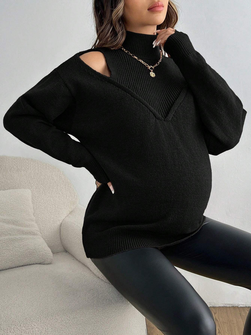 Maternity Black Hollow-Out Stand-Collar Long-Sleeve Sweater