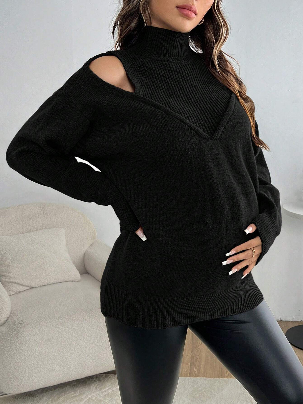 Maternity Black Hollow-Out Stand-Collar Long-Sleeve Sweater
